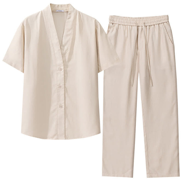 Buddha Stones 2Pcs Spring Summer Casual Minimalist Button-Up Shirt Drawstring Pants Solid Men's Meditation Cloth With Pockets - image 5