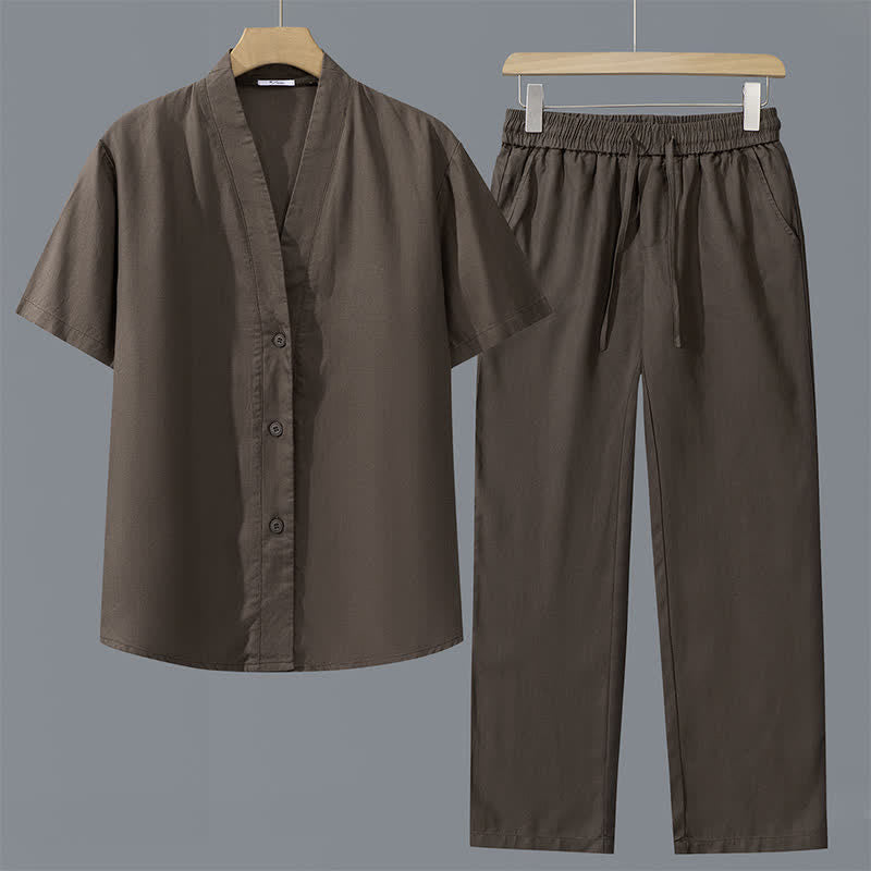 Buddha Stones 2Pcs Spring Summer Casual Minimalist Button-Up Shirt Drawstring Pants Solid Men's Meditation Cloth With Pockets - Brown Shirt+Brown Pants - US/UK/AU42，EU52 (3XL) - image 1