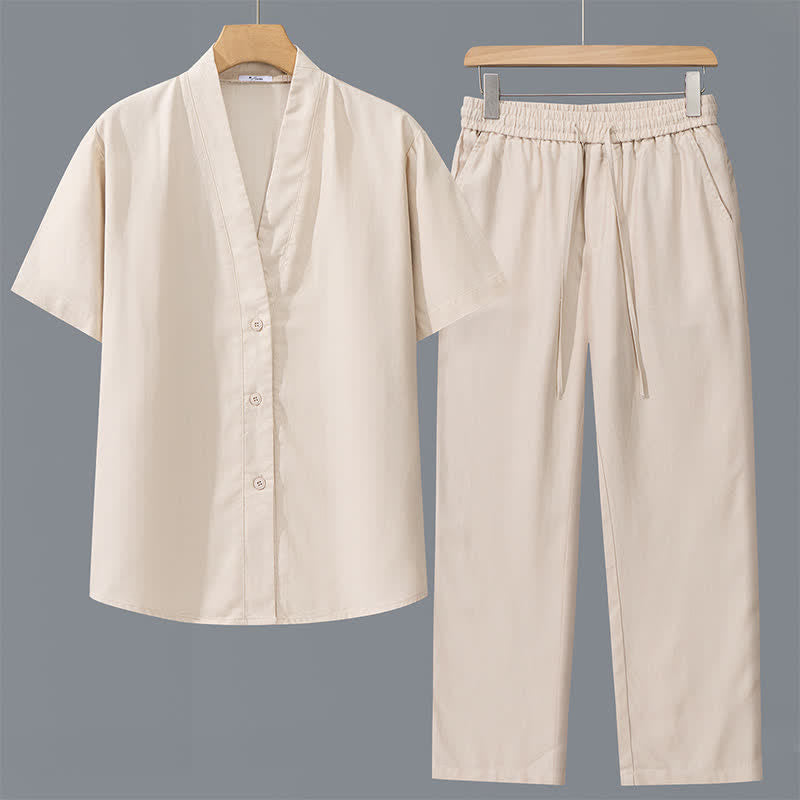 Buddha Stones 2Pcs Spring Summer Casual Minimalist Button-Up Shirt Drawstring Pants Solid Men's Meditation Cloth With Pockets - Beige Shirt+Beige Pants - US/UK/AU42，EU52 (3XL) - image 4