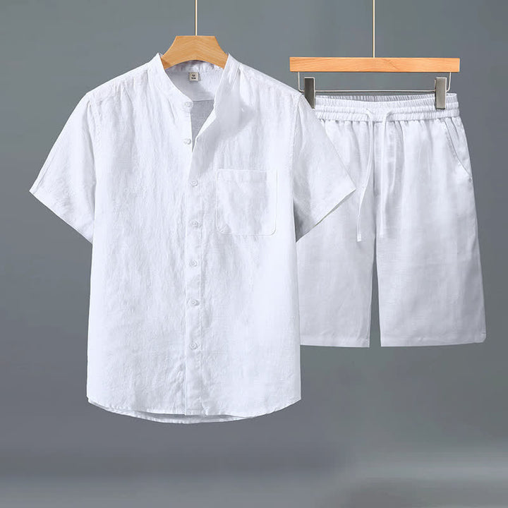 Buddha Stones 2Pcs Summer Casual Tang Style Button-Up Short Sleeve Shirt Shorts Solid Linen Men's Meditation Cloth With Pocket - White Shirt+White Pants - US/UK/AU42，EU52 (3XL) - image 7