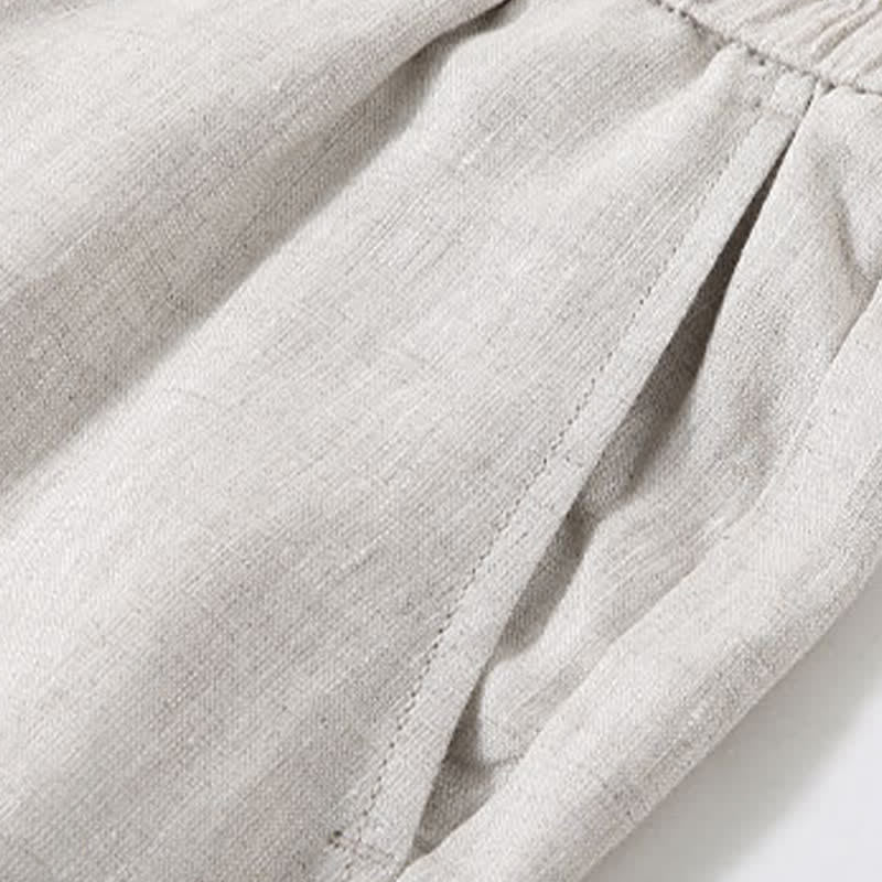 Buddha Stones 2Pcs Summer Casual Tang Style Button-Up Short Sleeve Shirt Shorts Solid Linen Men's Meditation Cloth With Pocket - image 2