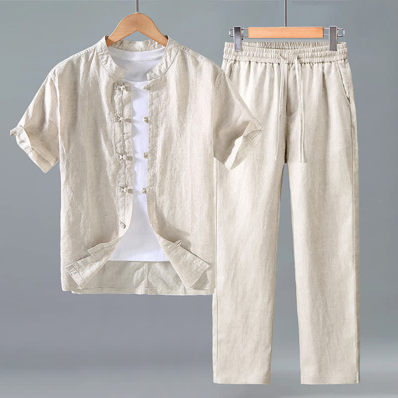 Buddha Stones 2Pcs Summer Tang Style Meditation Frog Button Short Sleeve Shirt Pants Solid Linen Men's Meditation Cloth - Linen - US/UK/AU42，EU52 (3XL) - image 0