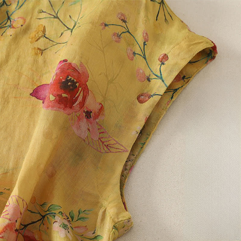 Buddha Stones Summer Vintage Tang Style Frog Button Red Floral Tank Top Women's Sleeveless Shirts - image 5