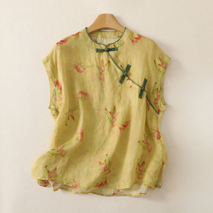 Buddha Stones Summer Tang Style Vintage Mandarin Collar Pink Flowers Tank Top Women's Sleeveless Shirts - PaleGoldenrod - US4, UK/AU8, EU36 (M) - image 0