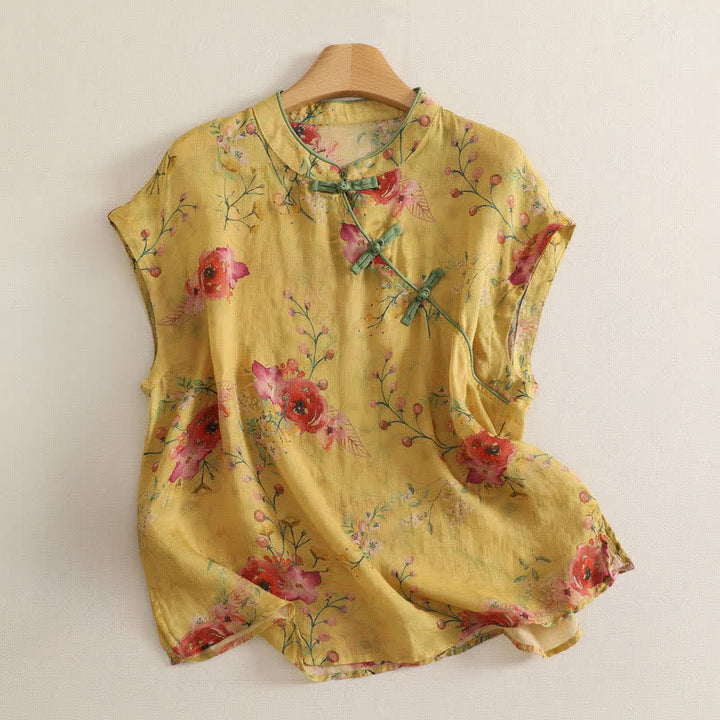 Buddha Stones Summer Tang Style Vintage Frog Button Orchid Floral Women's Sleeveless Shirts Tank Top - Khaki - US12, UK/AU16, EU44 (2XL) - image 11
