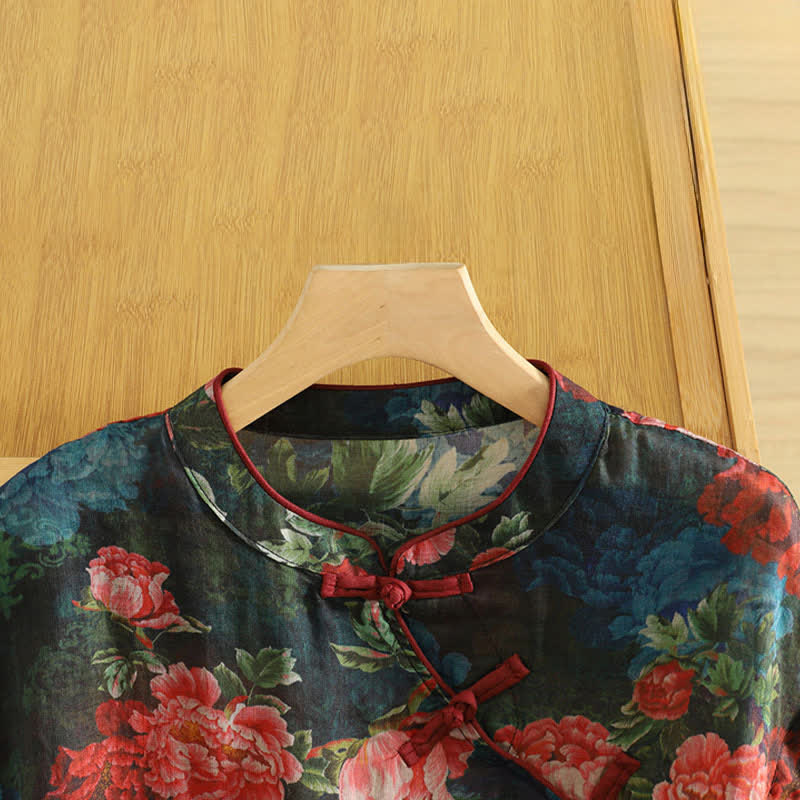 Buddha Stones Summer Tang Style Vintage Frog Button Orchid Floral Women's Sleeveless Shirts Tank Top - image 23