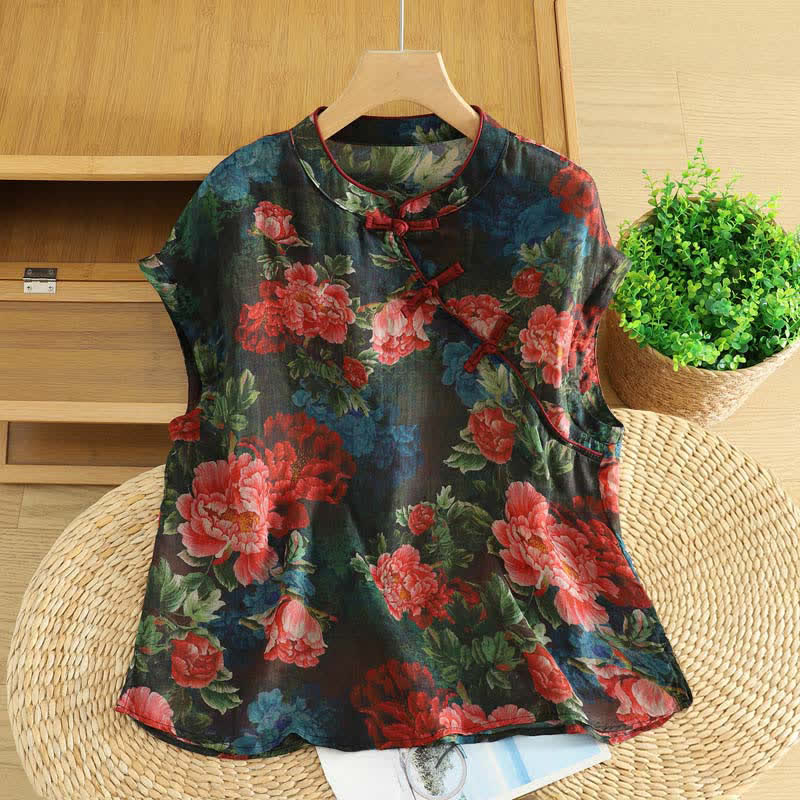 Buddha Stones Summer Tang Style Vintage Frog Button Orchid Floral Women's Sleeveless Shirts Tank Top - Black - US12, UK/AU16, EU44 (2XL) - image 20