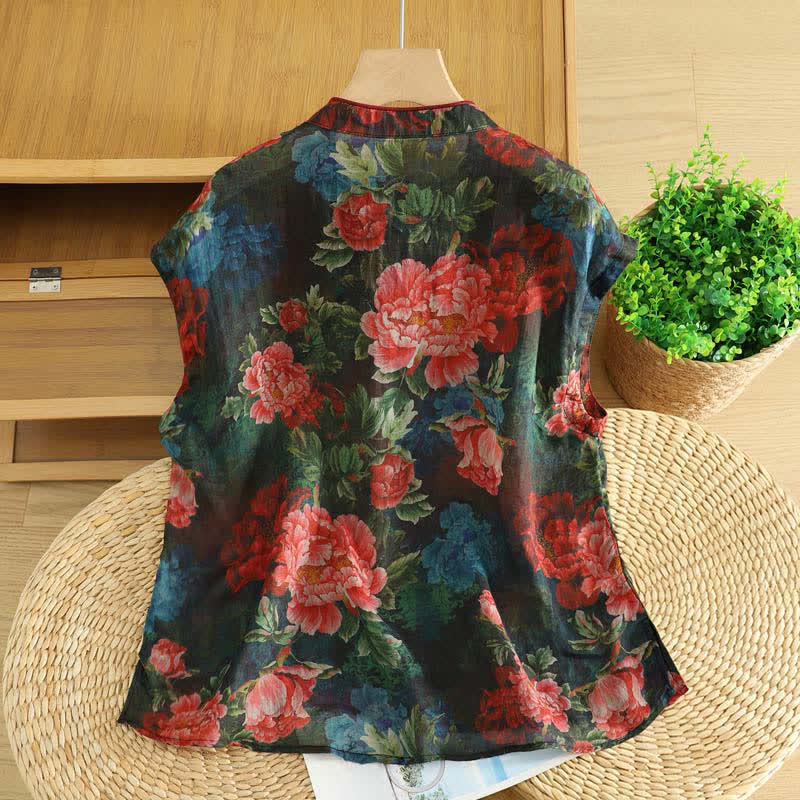 Buddha Stones Summer Tang Style Vintage Frog Button Orchid Floral Women's Sleeveless Shirts Tank Top - image 21