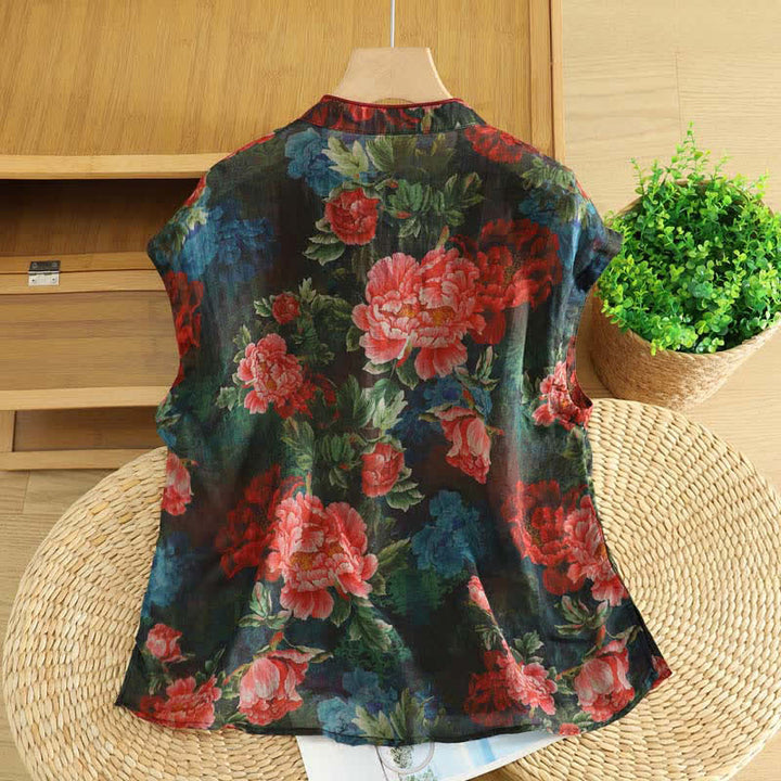 Buddha Stones Summer Tang Style Vintage Frog Button Orchid Floral Women's Sleeveless Shirts Tank Top - image 21