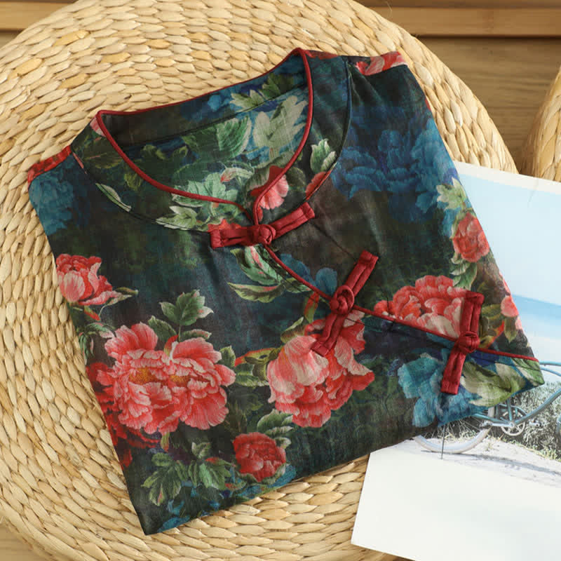 Buddha Stones Summer Tang Style Vintage Frog Button Orchid Floral Women's Sleeveless Shirts Tank Top - image 22
