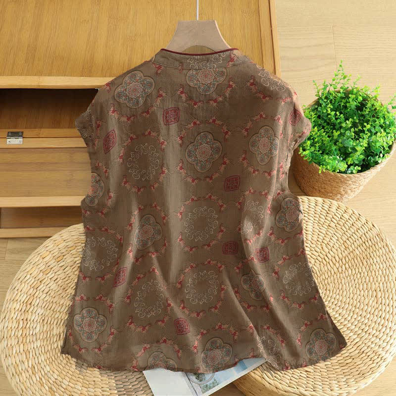 Buddha Stones Summer Tang Style Vintage Frog Button Orchid Floral Women's Sleeveless Shirts Tank Top - image 43