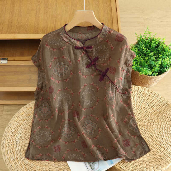 Buddha Stones Summer Tang Style Vintage Frog Button Orchid Floral Women's Sleeveless Shirts Tank Top - Sienna - US12, UK/AU16, EU44 (2XL) - image 42