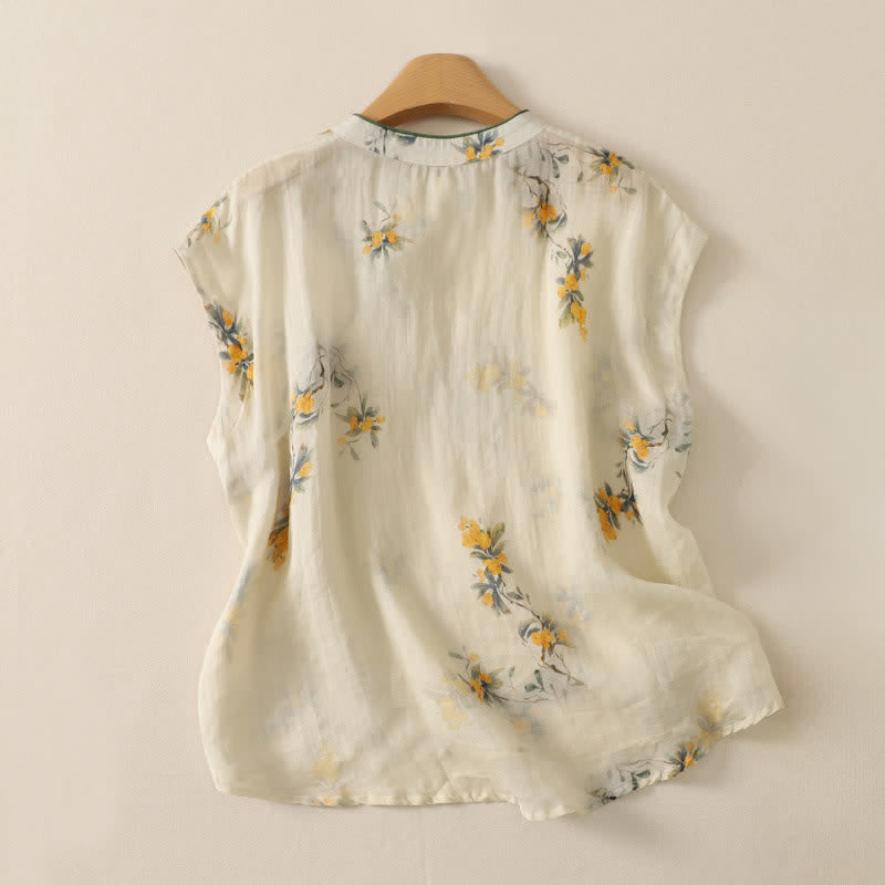 Buddha Stones Summer Tang Style Vintage Frog Button Orchid Floral Women's Sleeveless Shirts Tank Top - image 54