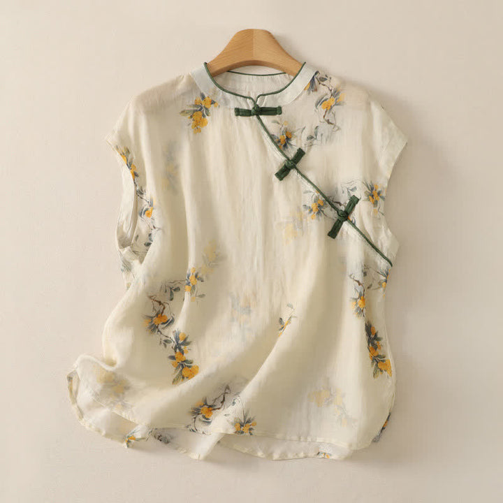 Buddha Stones Summer Tang Style Vintage Frog Button Orchid Floral Women's Sleeveless Shirts Tank Top - Beige - US12, UK/AU16, EU44 (2XL) - image 53