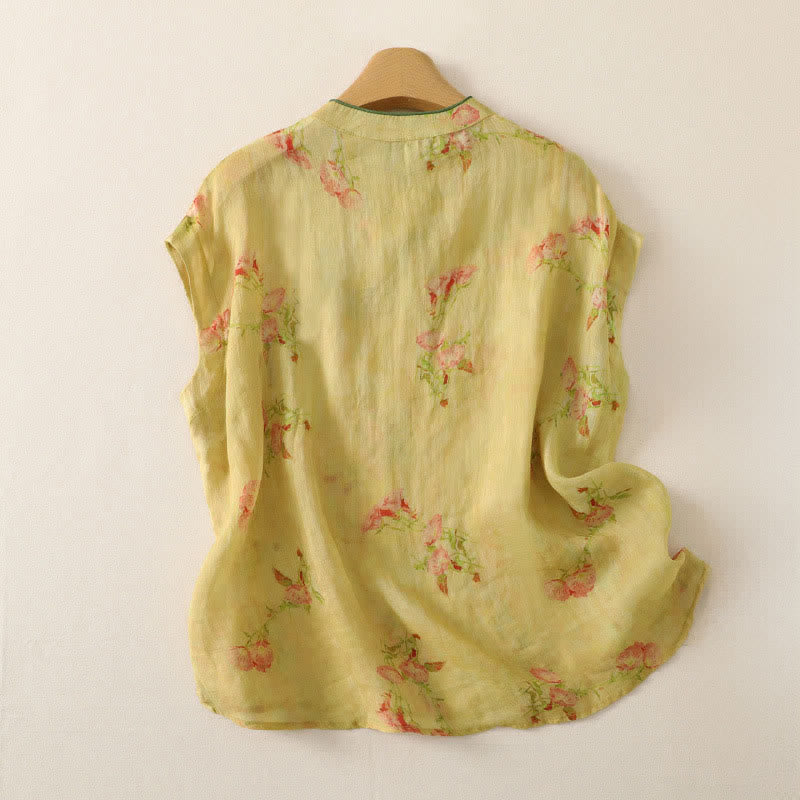 Buddha Stones Summer Tang Style Vintage Frog Button Orchid Floral Women's Sleeveless Shirts Tank Top - image 64