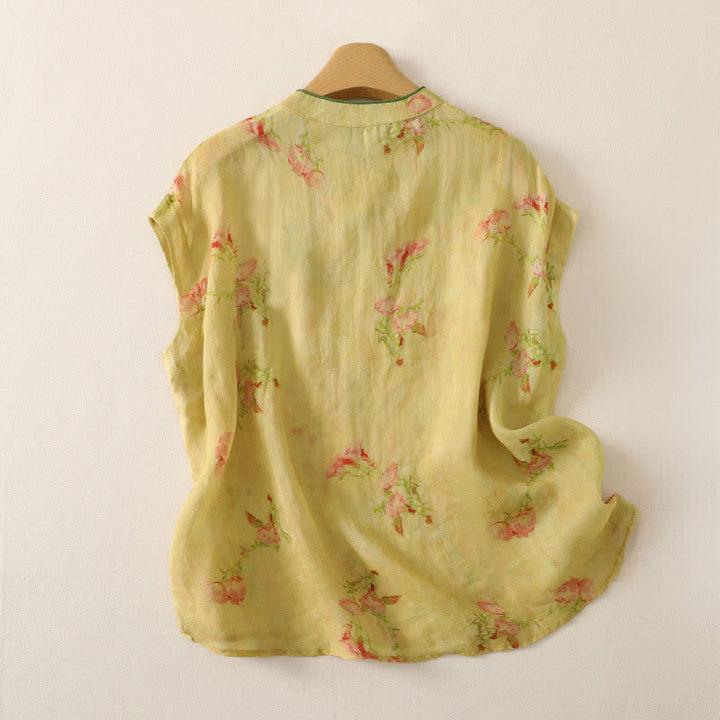 Buddha Stones Summer Tang Style Vintage Frog Button Orchid Floral Women's Sleeveless Shirts Tank Top - image 64