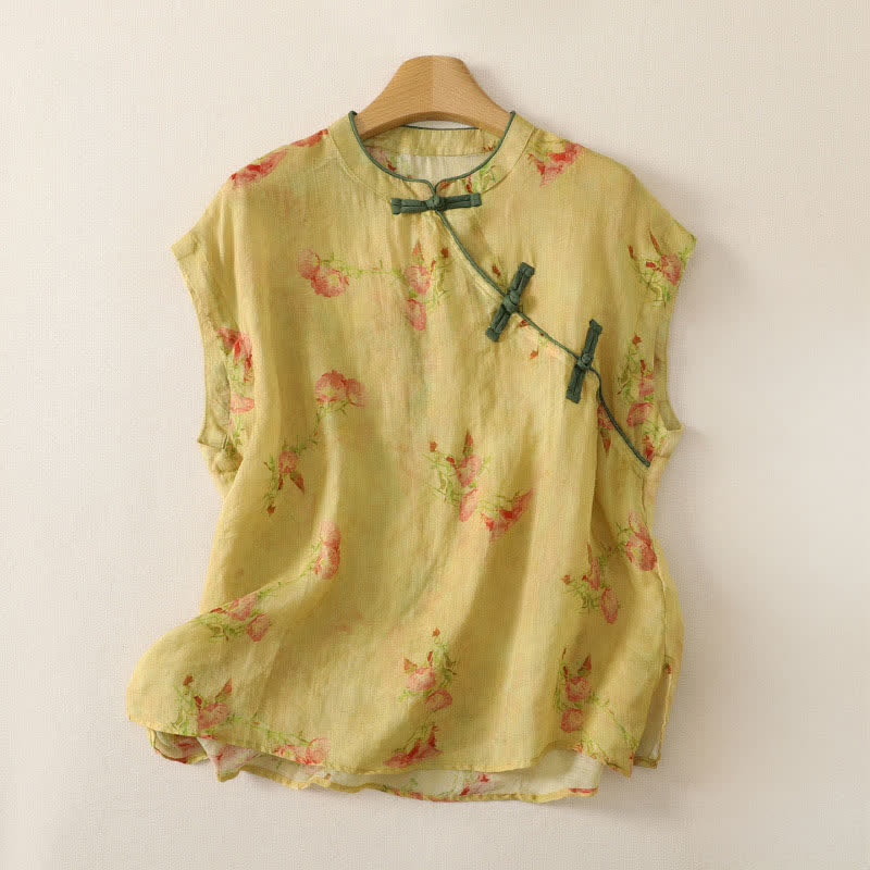 Buddha Stones Summer Tang Style Vintage Frog Button Orchid Floral Women's Sleeveless Shirts Tank Top - PaleGoldenrod - US12, UK/AU16, EU44 (2XL) - image 63