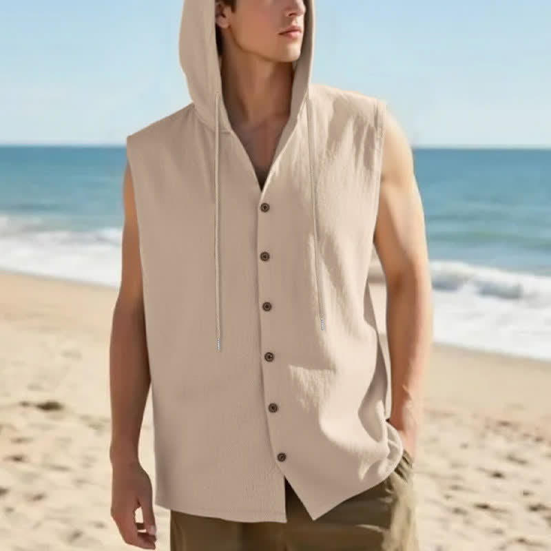 Buddha Stones Summer Casual Minimalist Button-Up Drawstring Solid Tank Top Men's Sleeveless Shirts - Tan - US/UK/AU46, EU56 (3XL) - image 2