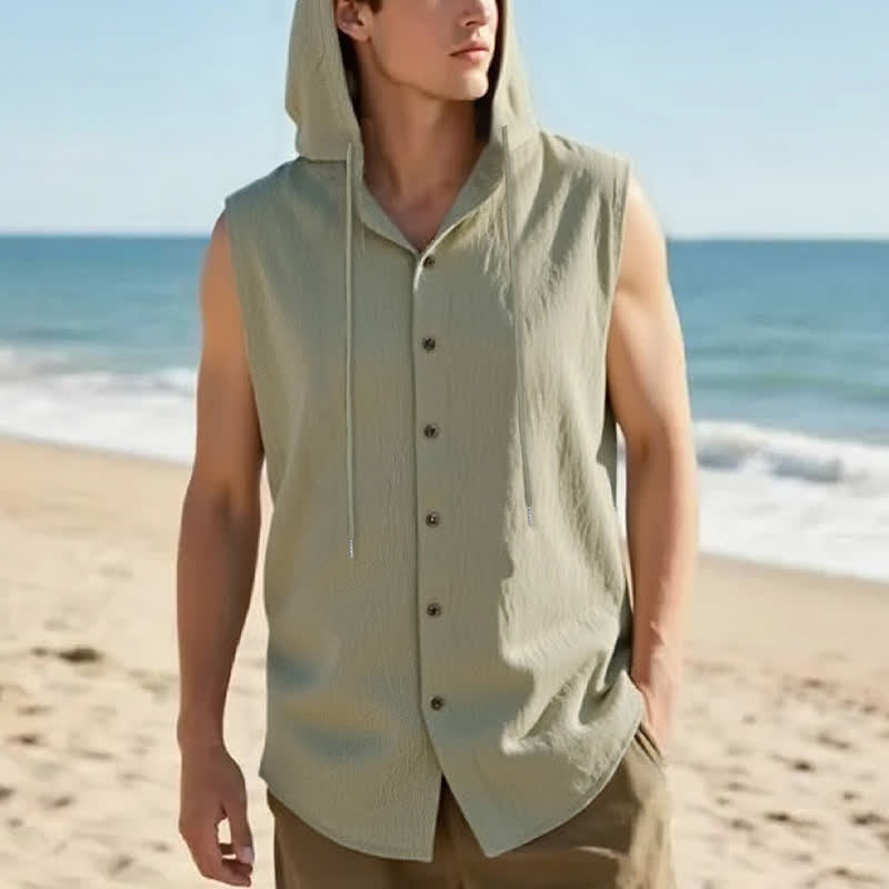 Buddha Stones Summer Casual Minimalist Button-Up Drawstring Solid Tank Top Men's Sleeveless Shirts - DarkOliveGreen - US/UK/AU46, EU56 (3XL) - image 13