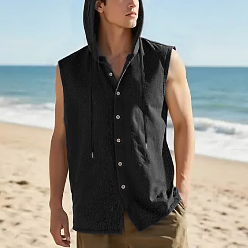 Buddha Stones Summer Casual Minimalist Button-Up Drawstring Solid Tank Top Men's Sleeveless Shirts - Black - US/UK/AU46, EU56 (3XL) - image 4