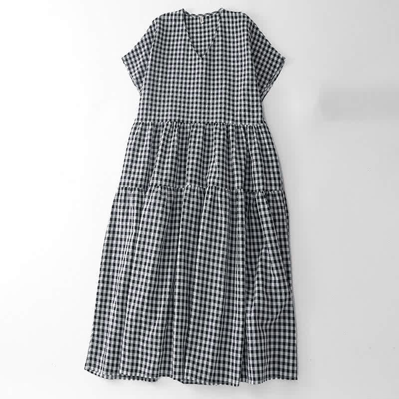 Buddha Stones Summer Vintage Plaid V-Neck Women's Short Sleeve Dress With Pocket - Black - US8-10, UK/AU12-14, EU40-42 (2XL) - image 2