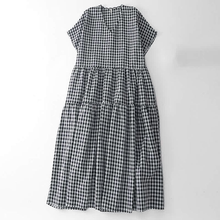Buddha Stones Summer Vintage Plaid V-Neck Women's Short Sleeve Dress With Pocket - Black - US8-10, UK/AU12-14, EU40-42 (2XL) - image 2
