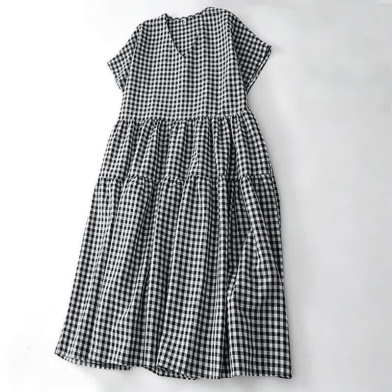 Buddha Stones Summer Vintage Plaid V-Neck Women's Short Sleeve Dress With Pocket - image 4