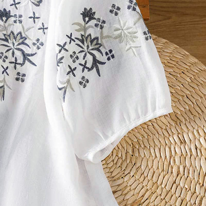 Buddha Stones Summer Casual Vintage Embroidery Floral Women's Short Sleeve Shirts - image 26