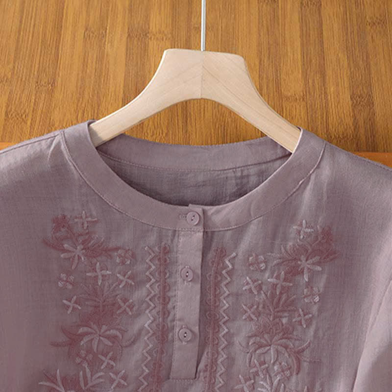 Buddha Stones Summer Casual Vintage Embroidery Floral Women's Short Sleeve Shirts - image 8