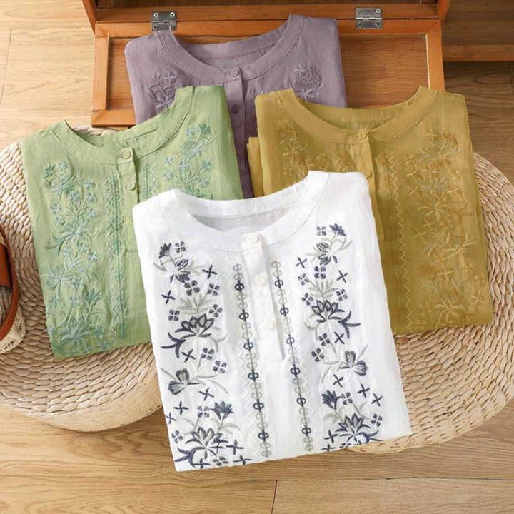 Buddha Stones Summer Casual Vintage Embroidery Floral Women's Short Sleeve Shirts - image 28