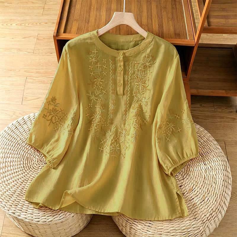 Buddha Stones Summer Casual Vintage Embroidery Floral Women's Short Sleeve Shirts - Khaki - US8-10, UK/AU12-14, EU40-42 (2XL) - image 13