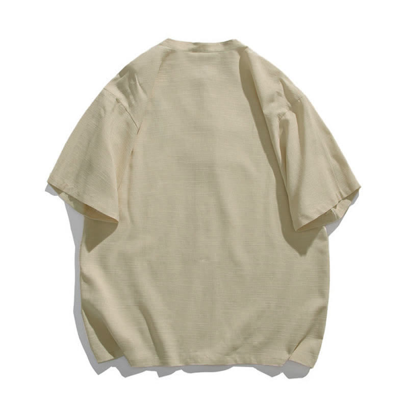 Buddha Stones Summer Tang Style Mandarin Collar Frog Button Leaf Embroidery Men's Short Sleeve Shirts - image 3