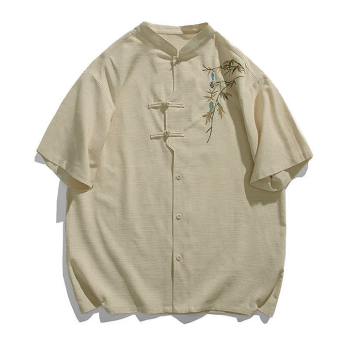 Buddha Stones Summer Tang Style Mandarin Collar Frog Button Leaf Embroidery Men's Short Sleeve Shirts - Beige - US/UK/AU46, EU56 (5XL) - image 2