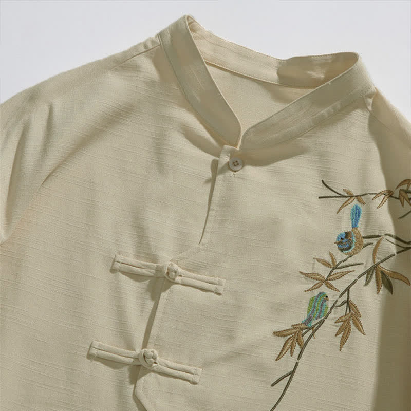 Buddha Stones Summer Tang Style Mandarin Collar Frog Button Leaf Embroidery Men's Short Sleeve Shirts - image 4