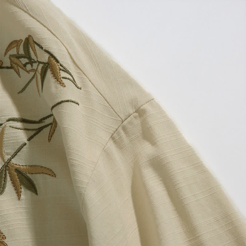 Buddha Stones Summer Tang Style Mandarin Collar Frog Button Leaf Embroidery Men's Short Sleeve Shirts - image 7