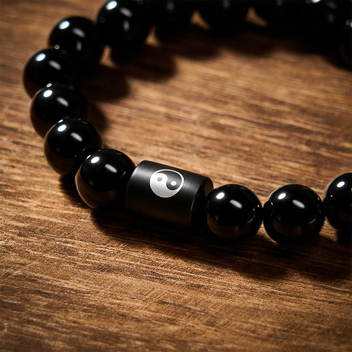 Buddha Stones Ebony Wood Yin Yang Balance Inlaid Barrel Bead Bracelet - image 12