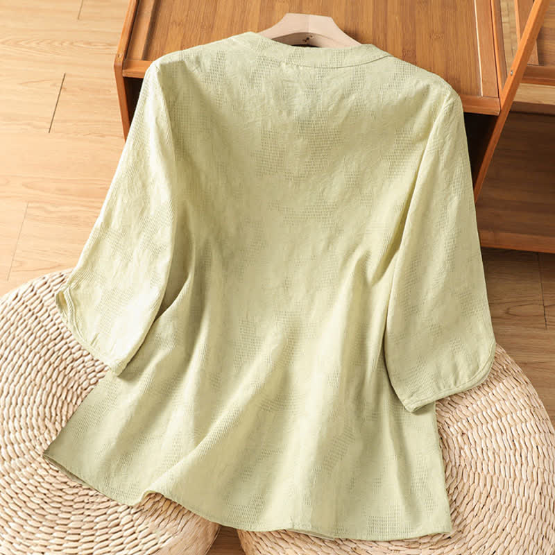 Buddha Stones Summer Casual Boho Geometry Embroidery Floral V-Neck Women's Three-Quarter Sleeve Shirts - image 16
