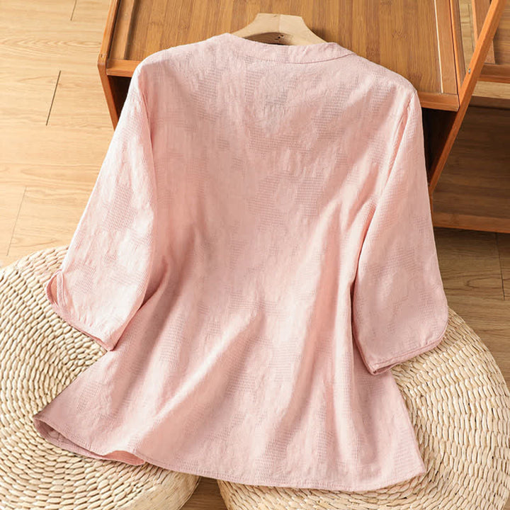 Buddha Stones Summer Casual Boho Geometry Embroidery Floral V-Neck Women's Three-Quarter Sleeve Shirts - image 8