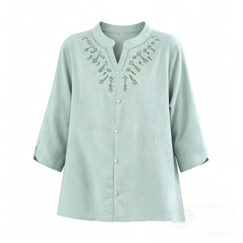 Buddha Stones Summer Casual Boho Geometry Embroidery Floral V-Neck Women's Three-Quarter Sleeve Shirts - image 6