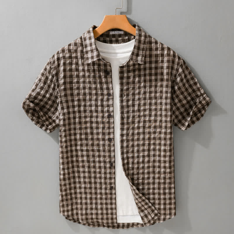 Buddha Stones Summer Casual Vintage Button-Up Plaid Men's Short Sleeve Shirts - SaddleBrown - US/UK/AU42, EU52 (3XL) - image 0