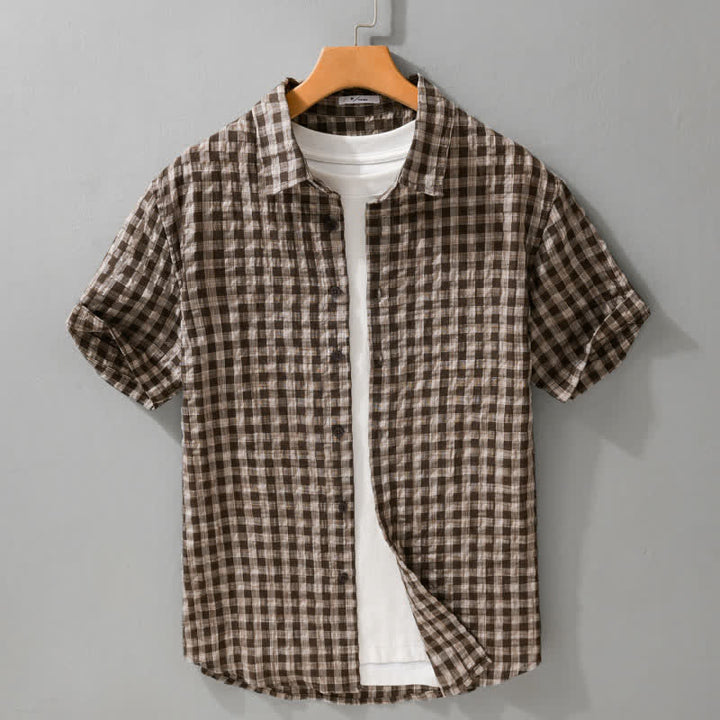 Buddha Stones Summer Casual Vintage Button-Up Plaid Men's Short Sleeve Shirts - SaddleBrown - US/UK/AU42, EU52 (3XL) - image 0