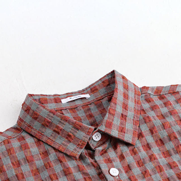 Buddha Stones Summer Casual Vintage Button-Up Plaid Men's Short Sleeve Shirts - image 6