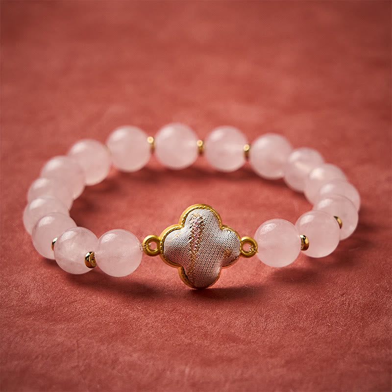 Buddha Stones Rose Quartz Song Brocade Four-leaf Clover Blessing Handmade Charm Bracelet - Rose Quartz (Same Color Tone – Pattern Varies) - image 0