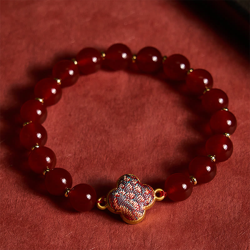 Buddha Stones Red Agate Song Brocade Four-leaf Clover Blessing Charm Bracelet - image 2