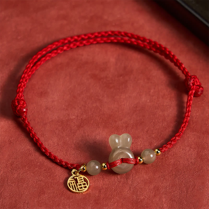 Buddha Stones Hetian Jade Rabbit-Head Peace Buckle Fu Character Grounding Red String Vintage Bracelet - Natural Jade(Color May Vary) - image 0