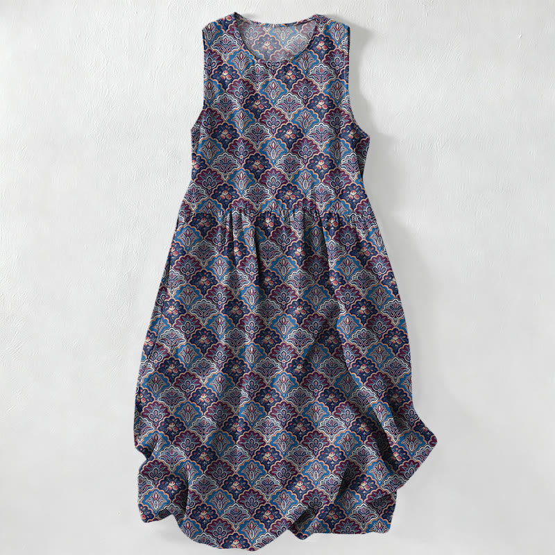 Buddha Stones Summer Casual Vintage Persian Floral Pattern Women's Summer Sleeveless Midi Dress With Pockets - MediumPurple - US16，UK/AU20，EU48 (3XL) - image 5