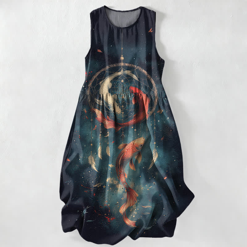 Buddha Stones Summer Casual Twin Koi Fish Feather Pattern Women's Summer Sleeveless Midi Dress With Pockets - MidnightBlue - US16，UK/AU20，EU48 (3XL) - image 0
