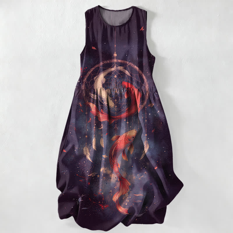 Buddha Stones Summer Casual Twin Koi Fish Feather Pattern Women's Summer Sleeveless Midi Dress With Pockets - Indigo - US16，UK/AU20，EU48 (3XL) - image 4