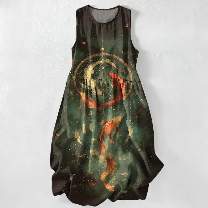 Buddha Stones Summer Casual Twin Koi Fish Feather Pattern Women's Summer Sleeveless Midi Dress With Pockets - DarkGreen - US16，UK/AU20，EU48 (3XL) - image 5