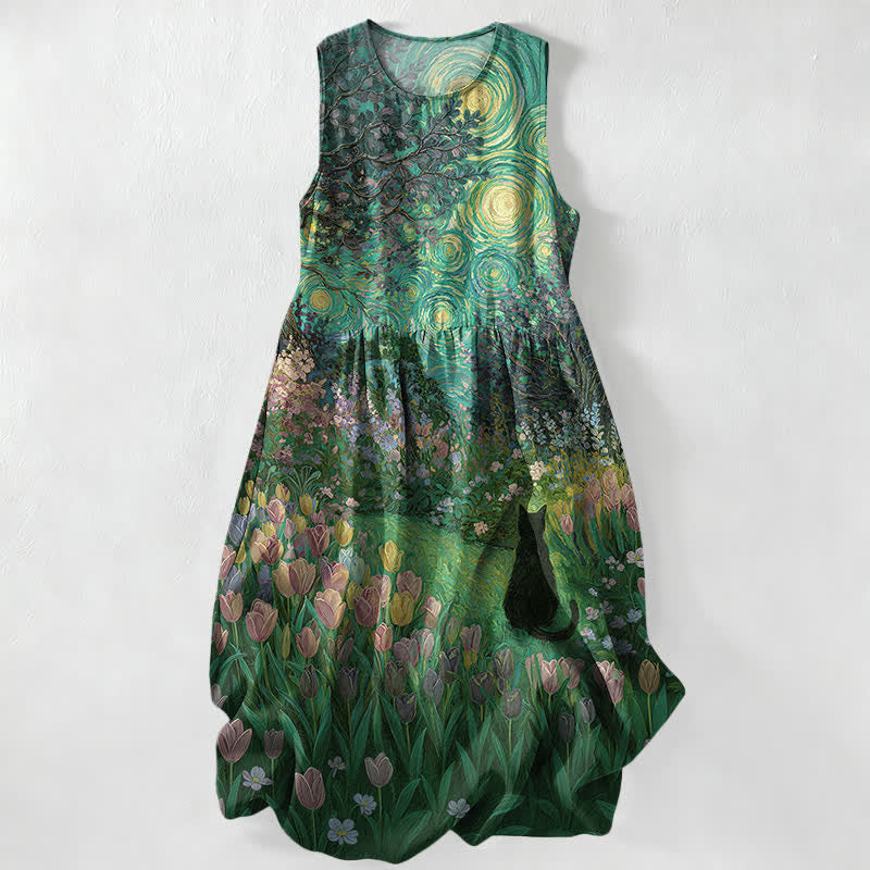 Buddha Stones Summer Casual Oil Painting Style Floral Swirl With Black Cat Pattern Women's Summer Sleeveless Midi Dress With Pockets - ForestGreen - US16，UK/AU20，EU48 (3XL) - image 5